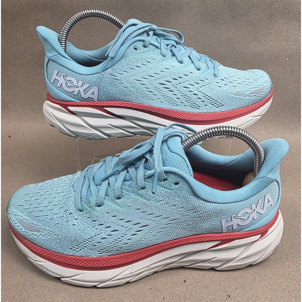 Hoka One One (Sz 9 B) Clifton 8 Womens Running Shoes Blue Red 1119394 AEBL